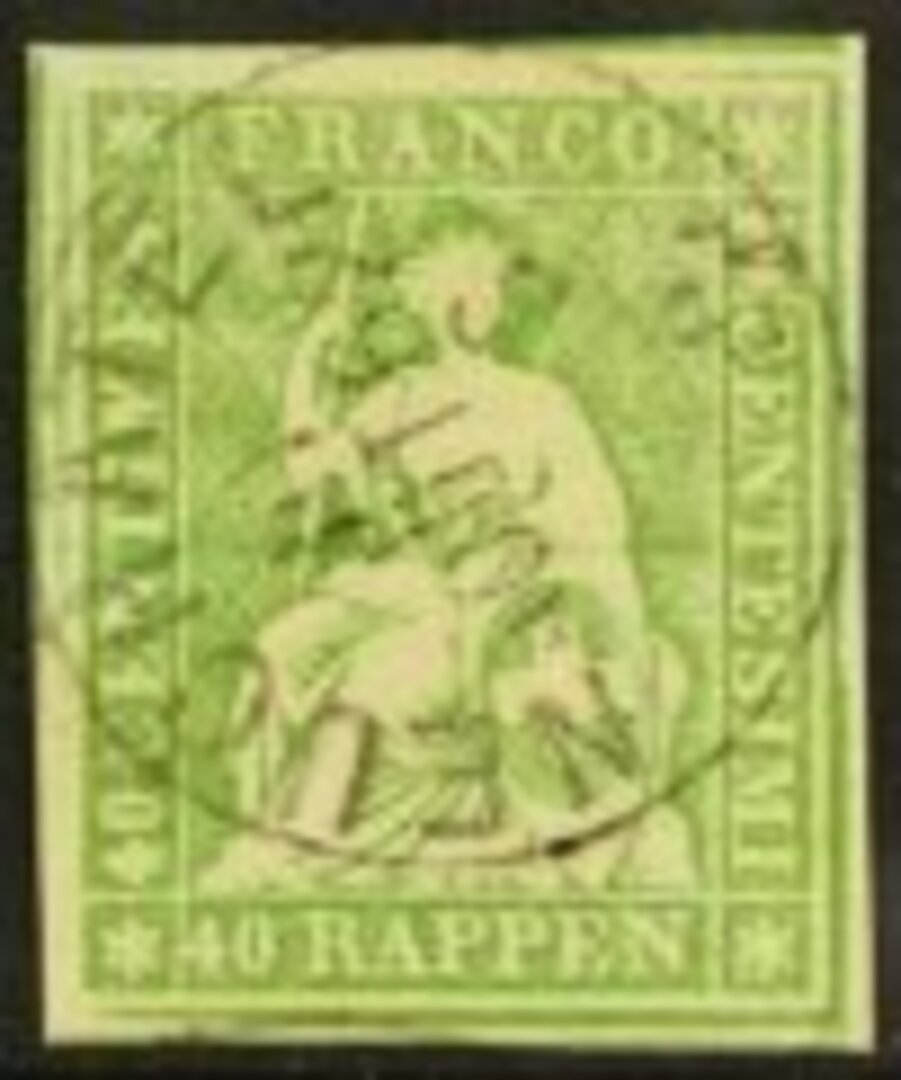 Switzerland’s Seated Helvetia imperforate stamp commonly referred to as a Strubel