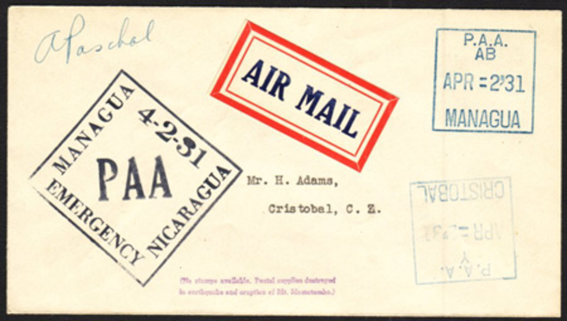Rare cover from the 1931 Managua Earthquake Emergency Flights