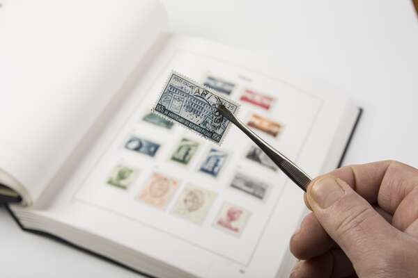 The team at Sandafayre analysing rare and interesting stamps in a collection folder